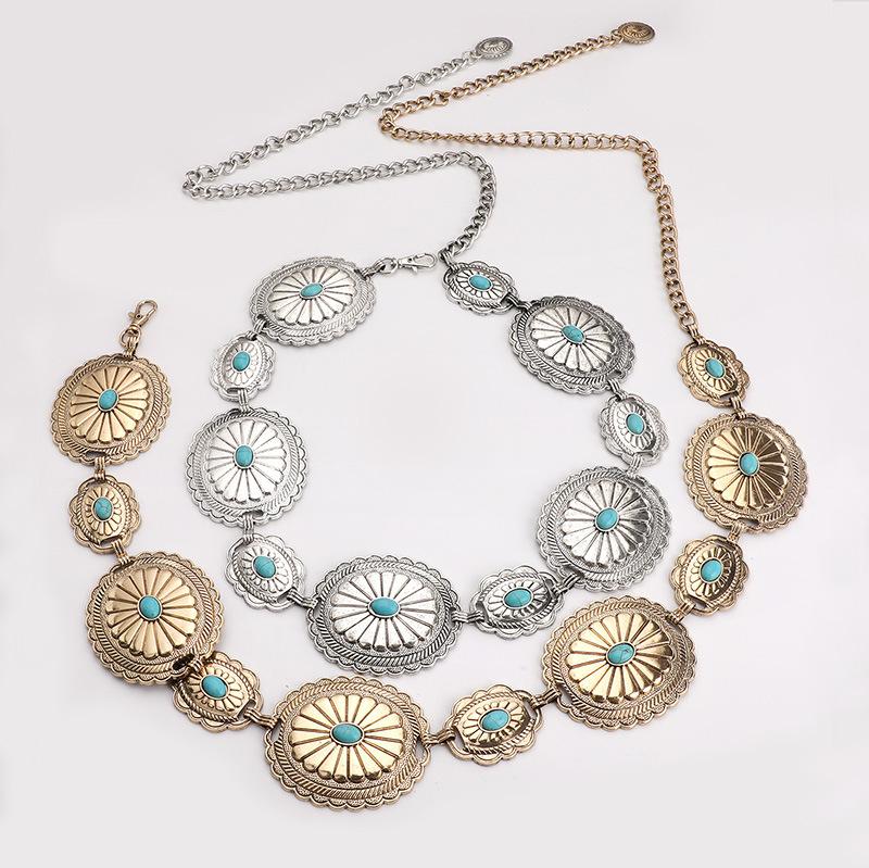 Bohemian Waist Chain Turquoise Inlaid Large Accessories Western Style Denim Handsome Metal Heavy Industry New Women's Waist Chain
