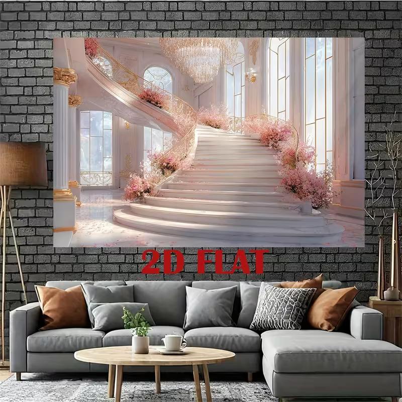 2D Fairytale Pink Staircase Backdrop 2D Flat Print Grand Palace Hall Background for Wedding Events