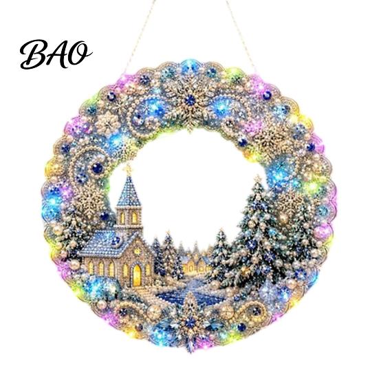 Festive Door Hanging Ornament DIY Acrylic Christmas Faux Pearl Art Kit, Lighted Wreath 3D Beaded Craft Mantelpiece Kit with LED String Light, Beginner