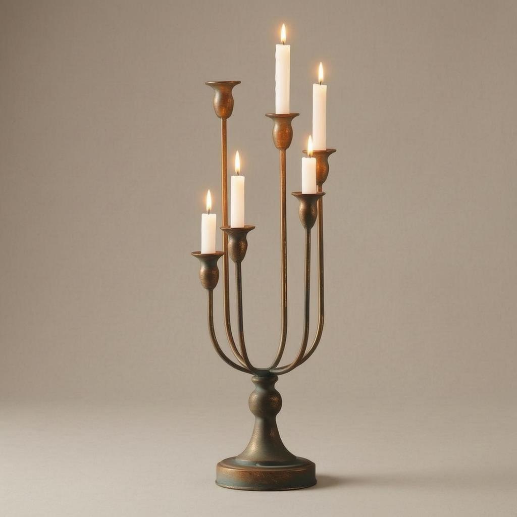 6 Arm Candelabra Worn Finish Tabletop Bronze Toned Iron Candle Stand