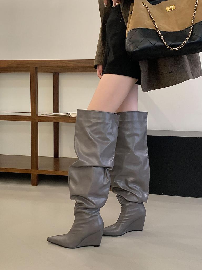 New Folded Large Tube Wedge Heel Pile Boots European and American Long Boots Over Knee Pointed Tall Boots