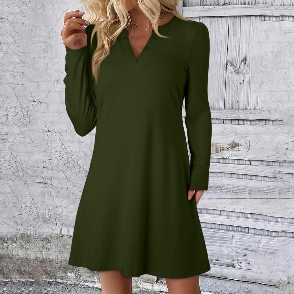 Women's Solid Color Dress Loose V-neck Casual Fashion Long Long Sleeved Dress