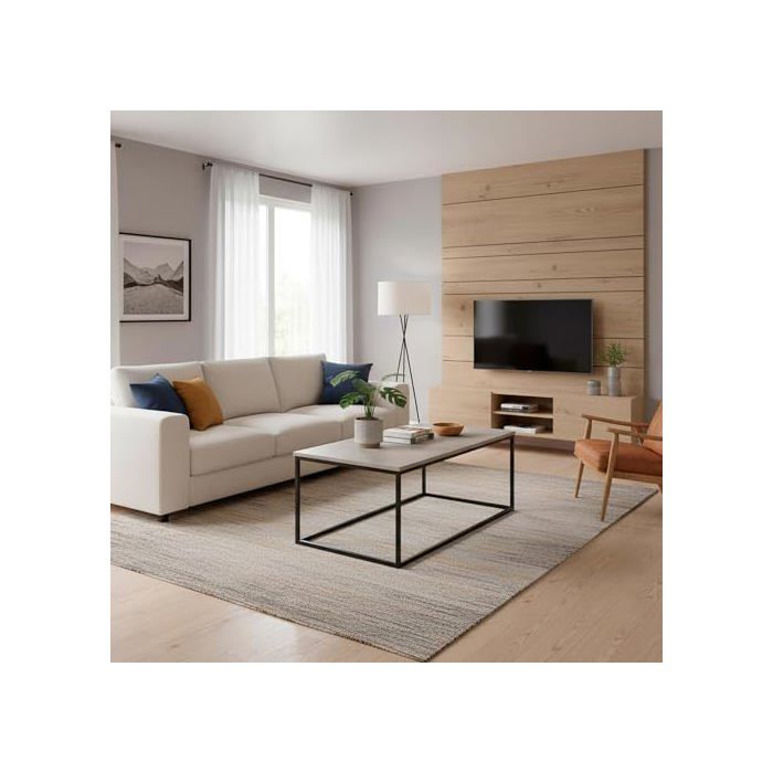 Cement Effect Side Table - AKTIVE - 90x48x40 Cm - Maximum Weight 20 Kg - Cement Effect - Black Metal Structure