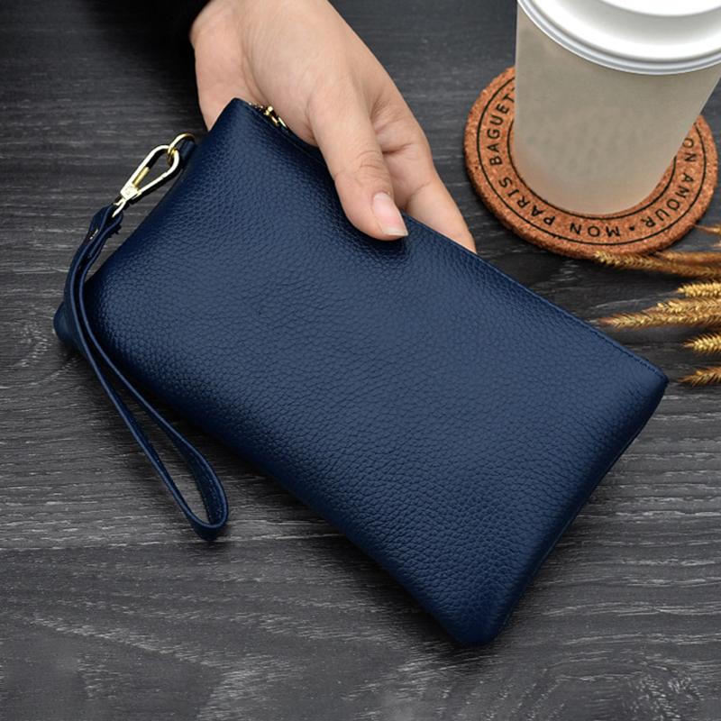 Simple Style High Capacity Womens Genuine Leather Phone Holder Long Purse Zipper Clutches HandBag with Wrist Strap