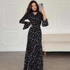 2025 Autumn Women's Retro V-Neck Waist-Cinching Ruffle Sleeve Print Dress In European & American Style