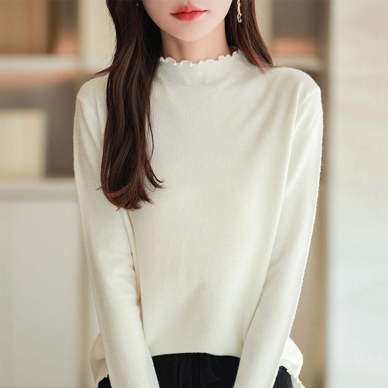 2026 Autumn-Winter Women's Korean Style Knit Sweater with Half-High Lace Collar