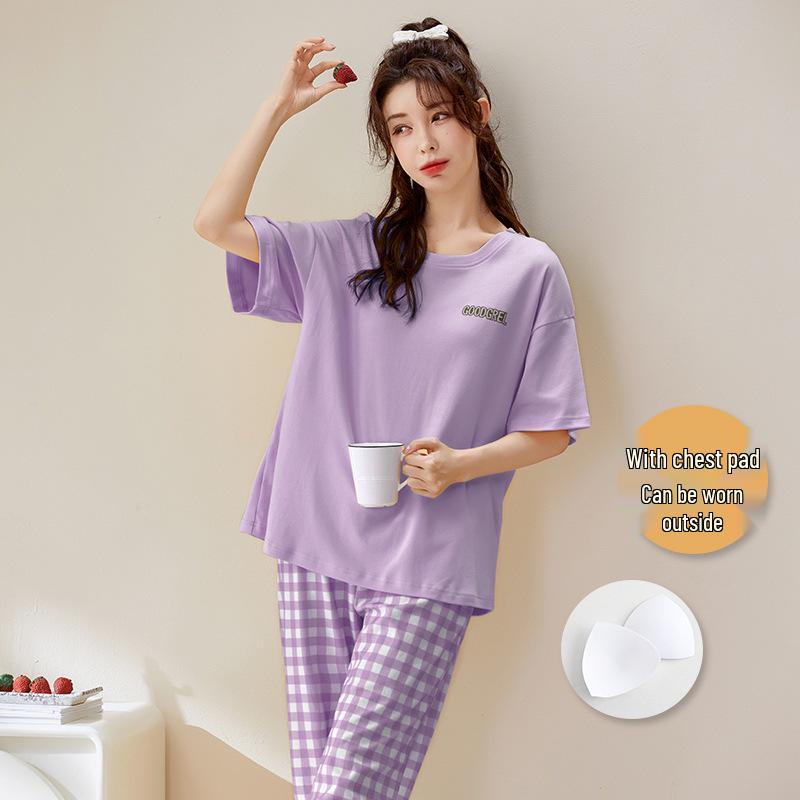 Damski kreskówkowy komplet piżamy z krótkim rękawem i wkładkami na biust - Letni bawełniany długi komplet domowy 2025