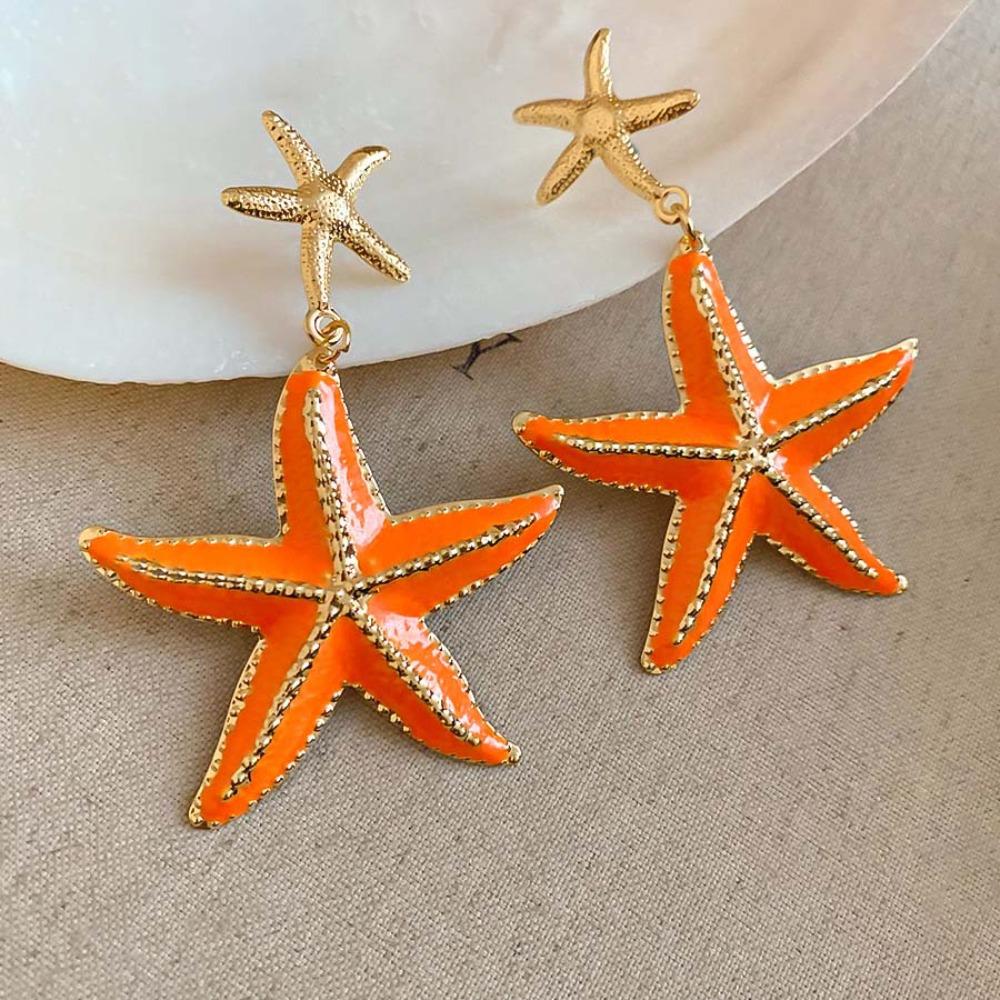 Iron Material Starfish Dangle Earrings Bohemia Style Long Tassel Earrings  Vacation оранжевый