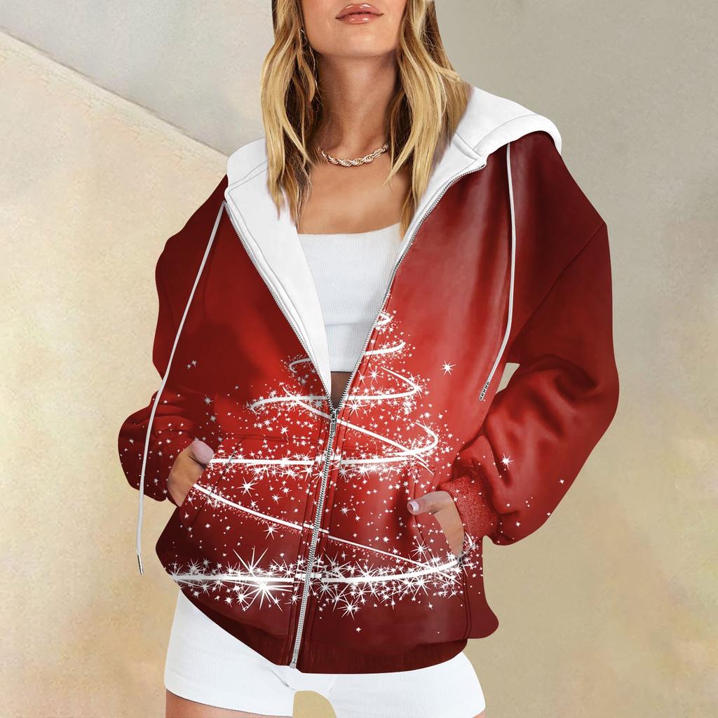 Women's Casual Fashion Printed Long Sleeve Pullover Hoodies Zipper Sweatshirts Coat