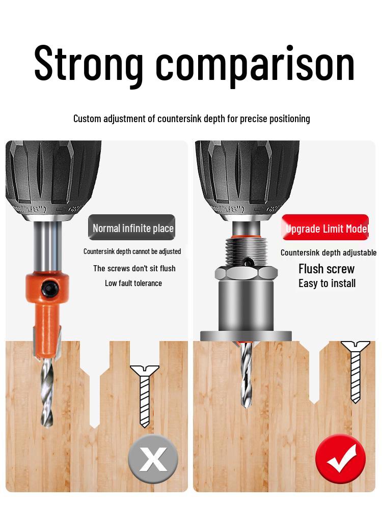 Stepped Woodworking Countersink Drill Bit with Depth Stop and Locator