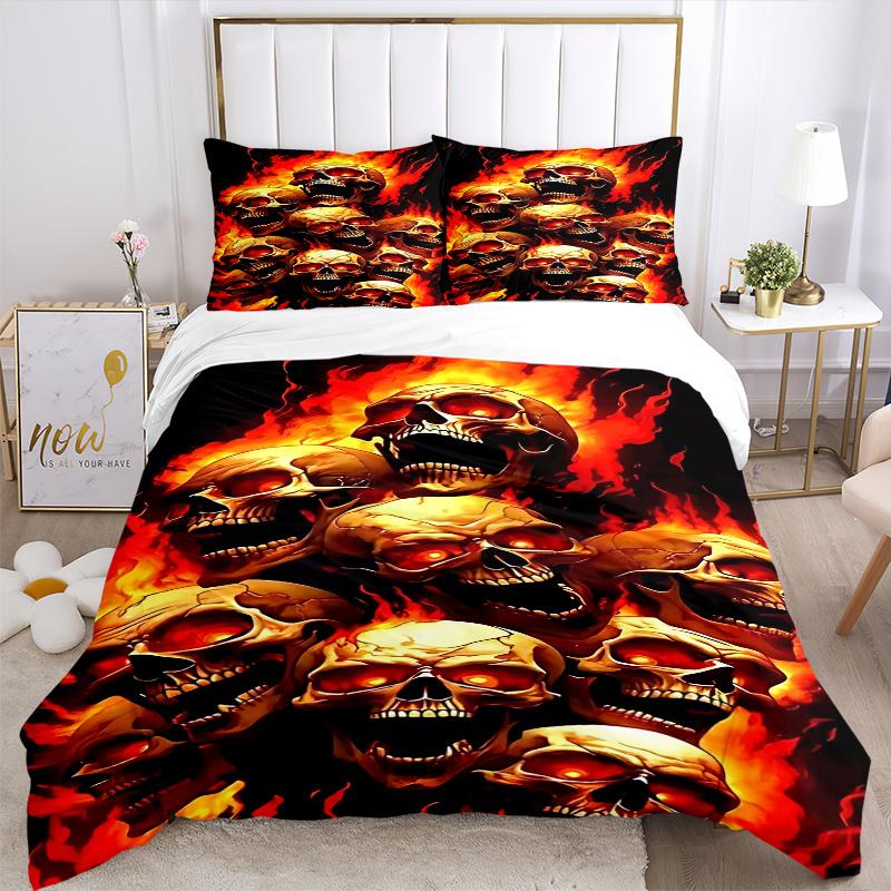 3pcs Anime Skulls Fire Print Comforter Set with 1 Quilt Cover & 2 Pillowcases (No Core) - Home Decor, Festival Gift, Polyester Fabric, Anime Cartoon D