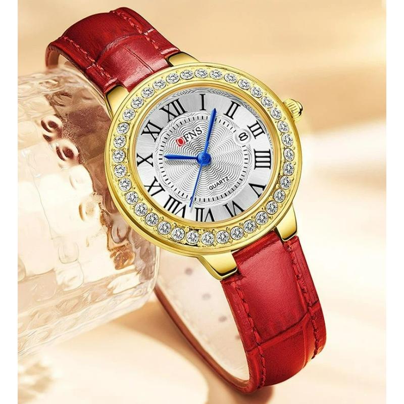 New Fashionable Casual Retro Style Inlaid Diamond Round Women's Quartz Watch Waterproof Retro Leather Watches