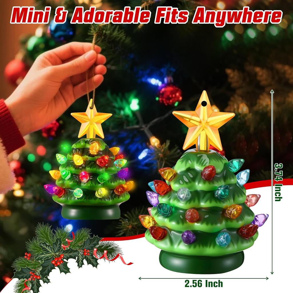 Mini LED Ceramic Christmas Tree, 3.5' Green Vintage Ornament with Lights & Stars for Tabletop or Mantel Decor