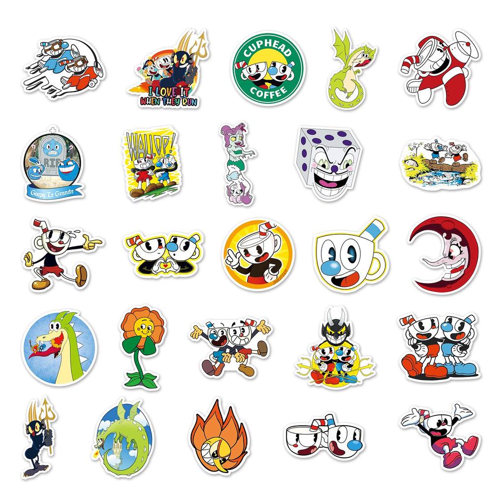 50pcs Cartoon Tea Cup Head Stickers: Waterproof, Creative Decorations for Suitcases, Scooters, Tablets, and Computers