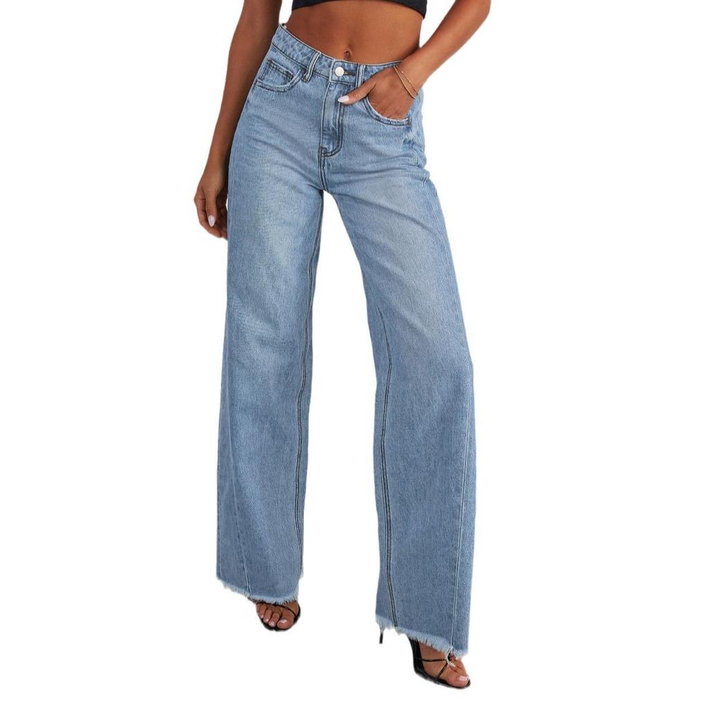 Dame Jeans Løse Afslappede Lige Ben Vide Ben Bukser Gulvlang Bukser