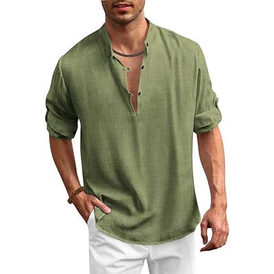 Bavlnená ľanová košeľa Pánske jesenné stojačik s dlhým rukávom Jednofarebné topy nadmernej veľkosti Pánske košele
