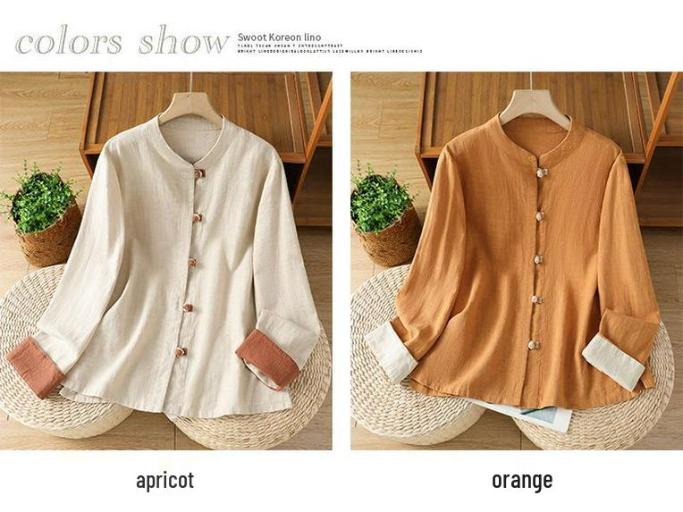 Women's Retro Color Block Stand Collar Jacket - Cotton Linen, Long Sleeve, Frog Buttons, Spring/Autumn.