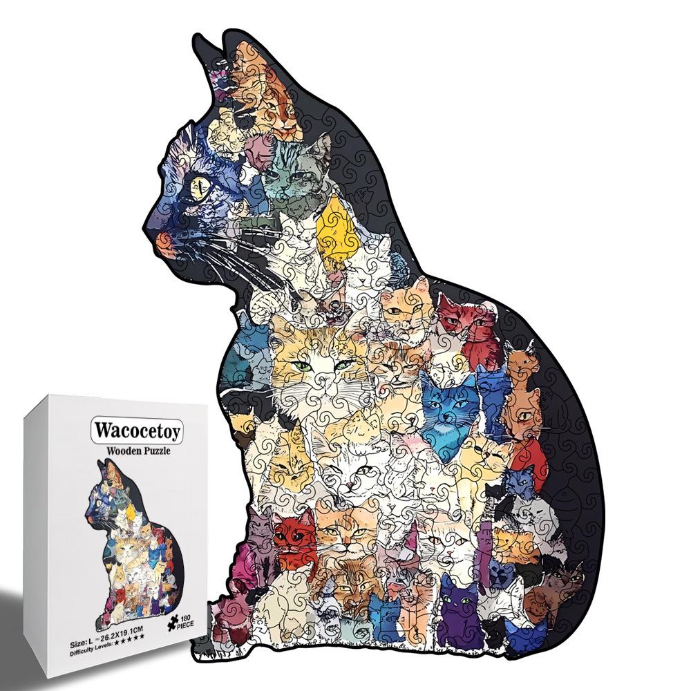 Wacocetoy Cross-Border Cat Collage Irregular Wooden Jigsaw Puzzle: Challenging Money Box Style