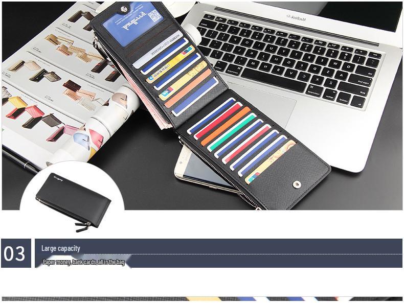 Baellerry Men's Long Wallet: European & American Style, Cross Pattern, Multi-Card Holder, Zipper Design.