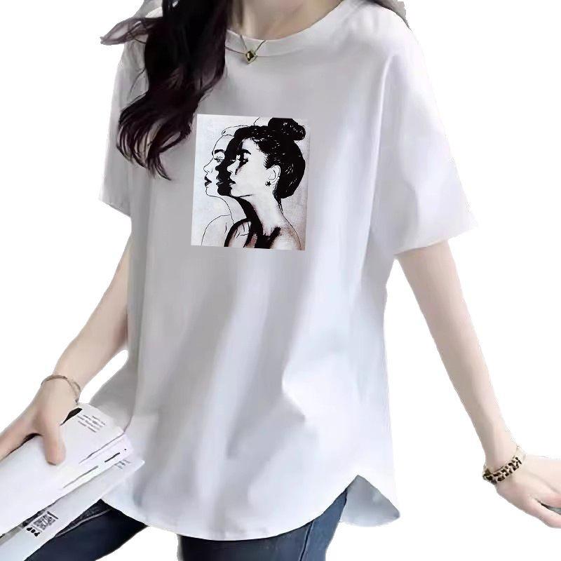 2025 Women's American Style Pure Cotton Loose Mid-Length Straight Shoulder Half Sleeve Summer T-Shirt