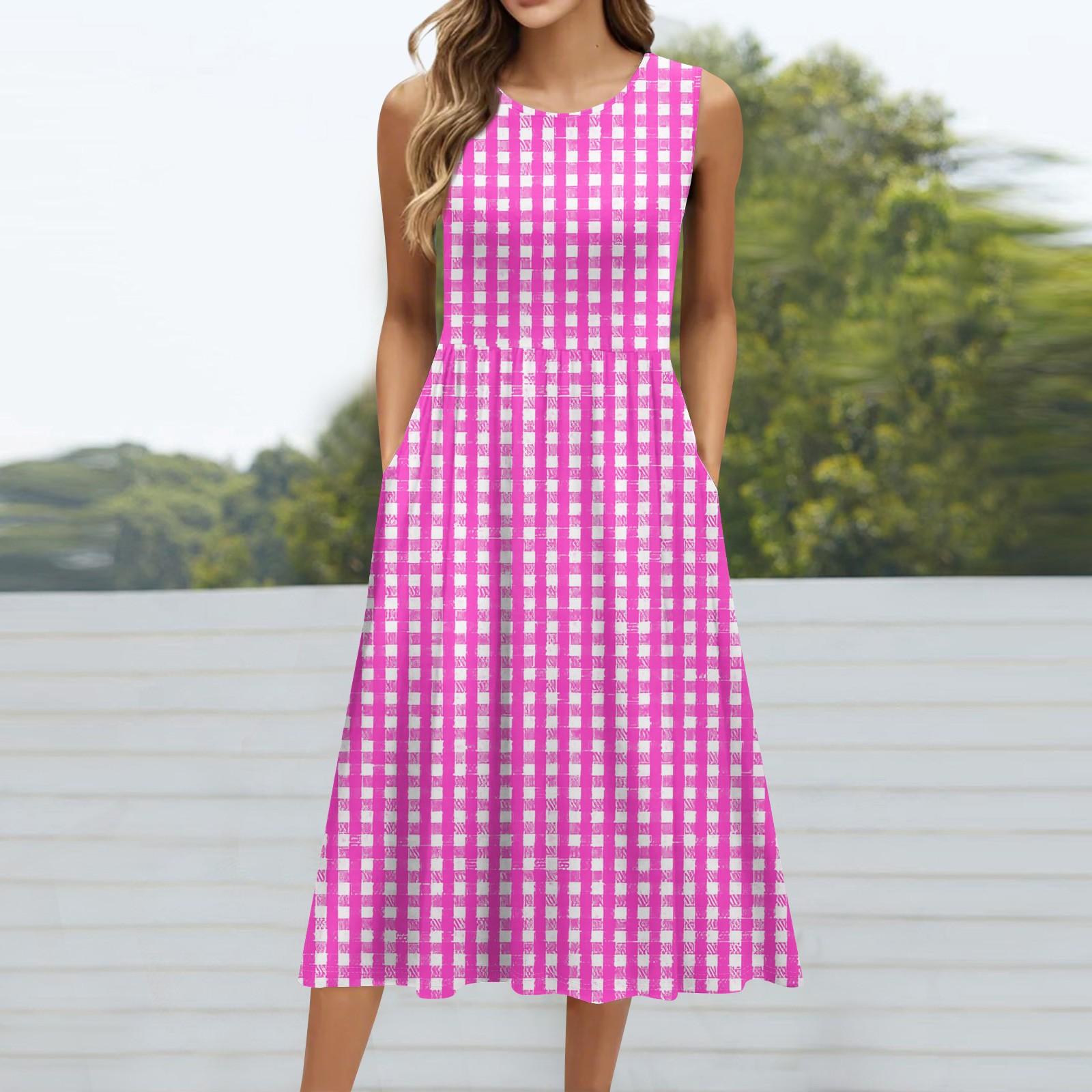 

Women s Fashionable Printed Round Neck Sleeveless Casual Pullover Pocket Mid Length Dress XXL