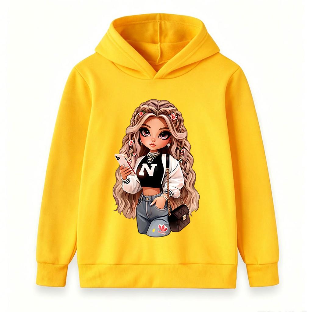Kids Girls Boys Cute Cartoon Doll Print Pullover Hoodie, Cozy Long Sleeve Casual Sweatshirt For Daily Wear School Street Hip Hop Style Tops For
