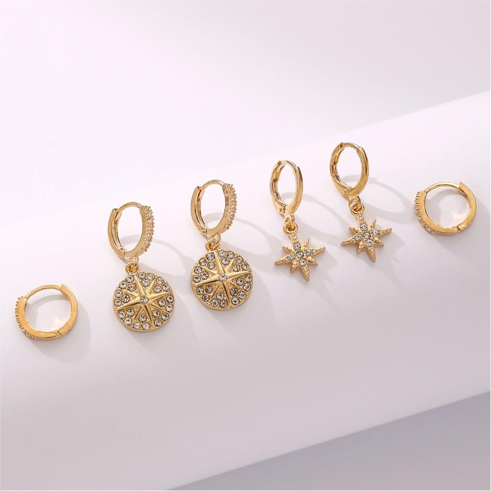 3 Pairs/Set Golden Star Design Shiny Rhinestone Inlaid Dangle Earring for Women Eleagnt Luxury Female Jewelry Gifts