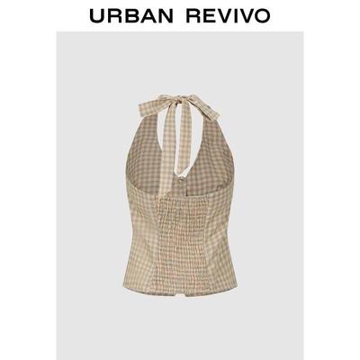 UR2026 Women's Plaid Halter Backless Smocked Shirt