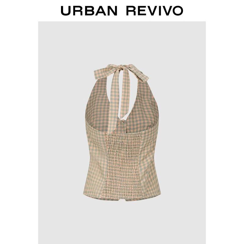 UR2026 Women's Plaid Halter Backless Smocked Shirt