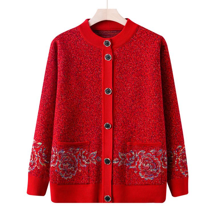 New Style Grandma Wear Autumn and Winter Sweater Knitted Sweater Cardigan Middle-aged and Elderly Mother Wear Jacket Autumn Old Lady Clothes