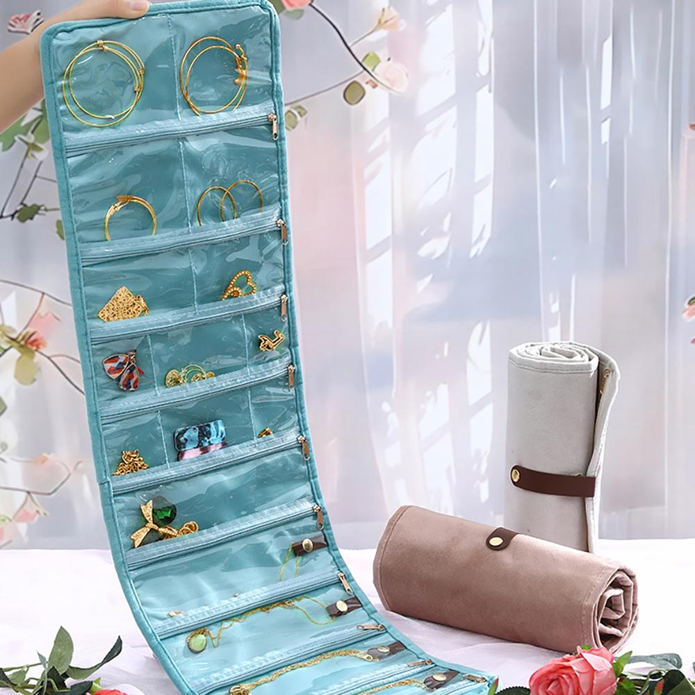 Samt Schmuckaufbewahrungstasche, mehrschichtige Ohrring-Halsketten-Aufbewahrungstasche, tragbare und aufrollbare Reise-Accessoire-Organisationstasche