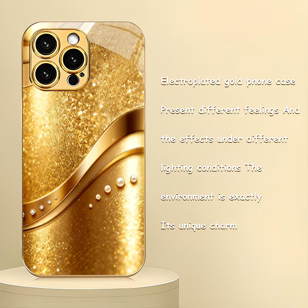Zlatý minimalistický zakřivený texturovaný galvanicky pokovený skleněný kryt na telefon vhodný pro iPhone 17 16 15 14 13 12 11 Pro/Max/Plus nárazuvzdorný