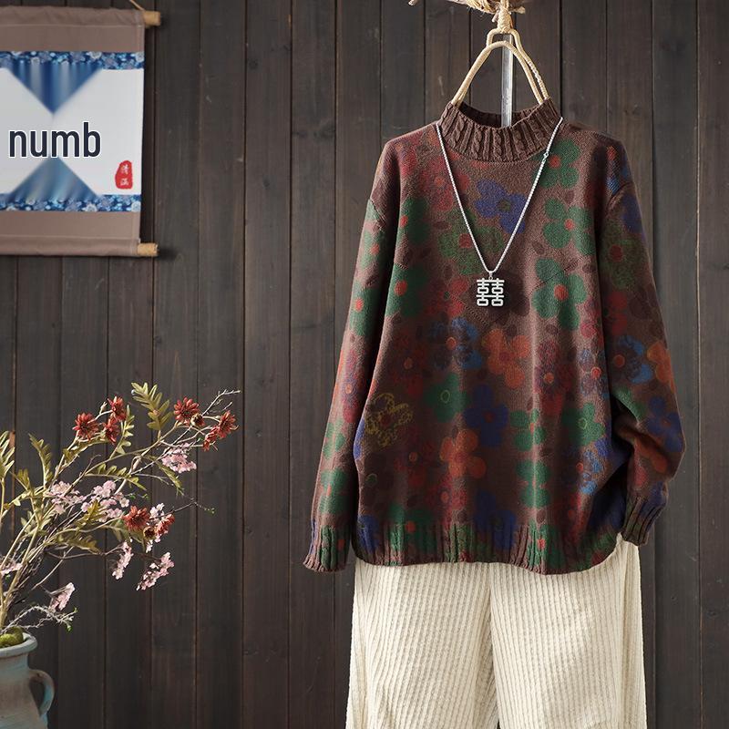 2025 Autumn/Winter Women's Retro Print Half-High Collar Knit Pullover