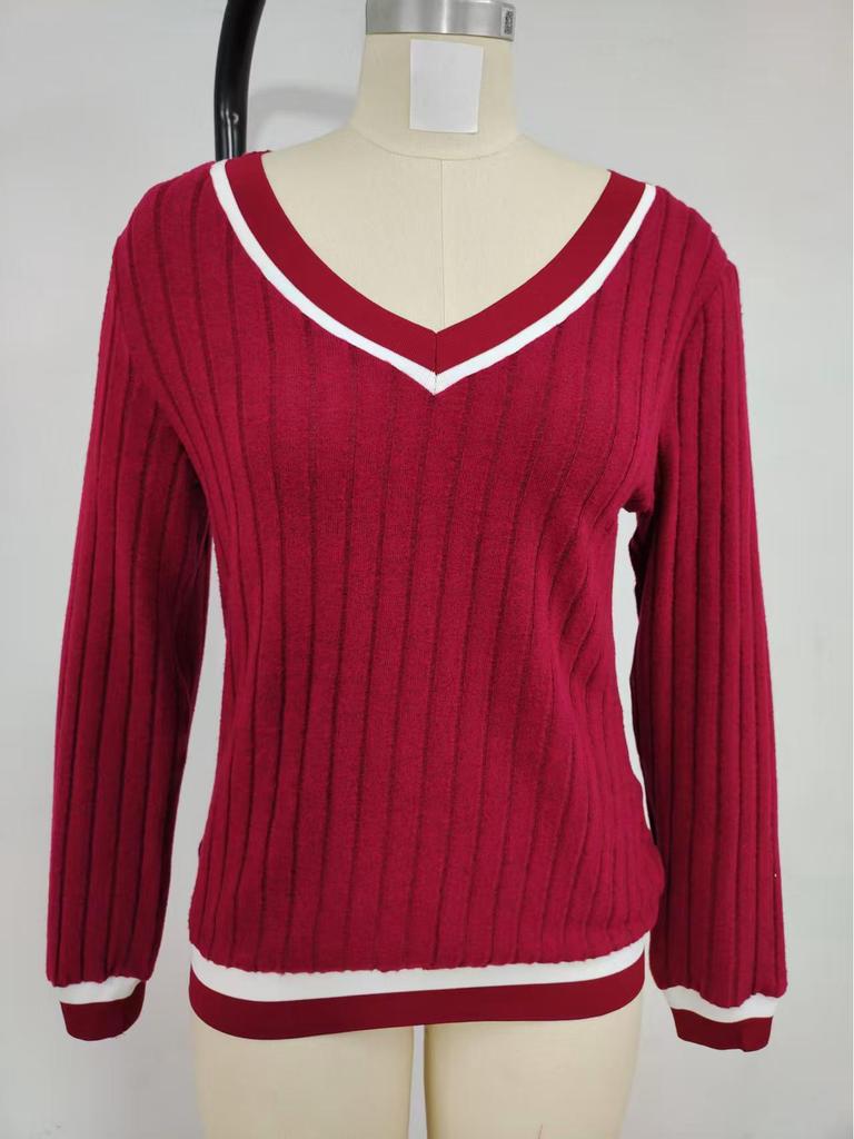2025 Spring/Fall Women's V-Neck Casual Long Sleeve Patchwork Top