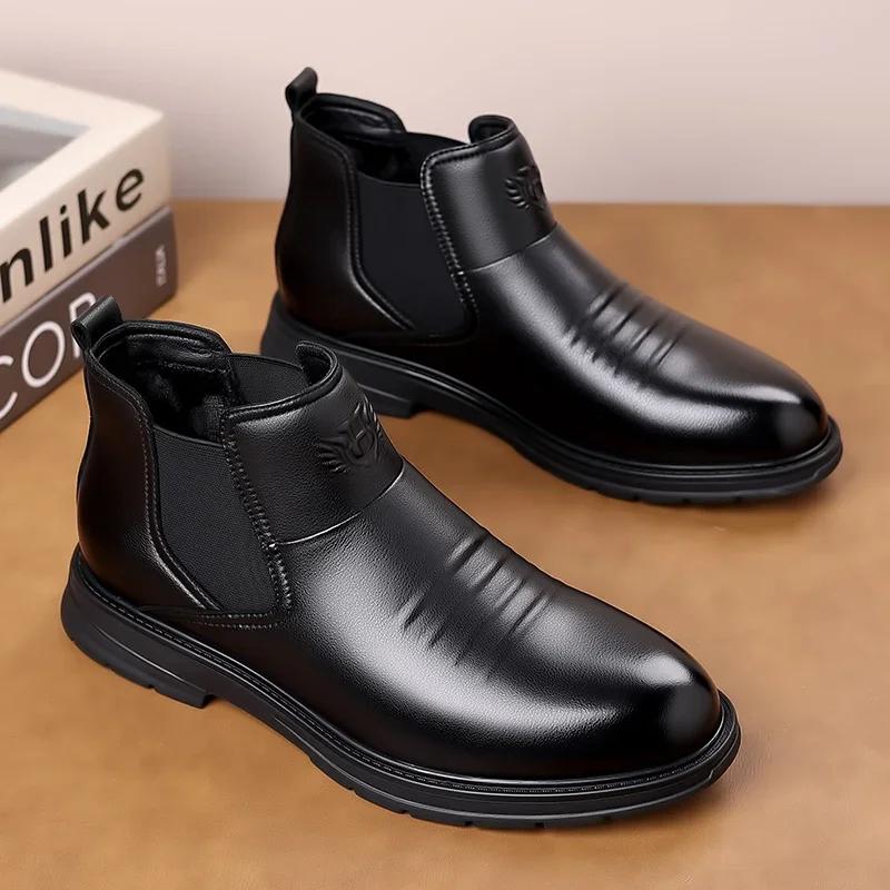 Pánské kotníkové boty ležérní kožené boty na zip kulatá špička módní obuv zimní kožíšek univerzální pánské kotníkové boty nazouvací společenská obuv
