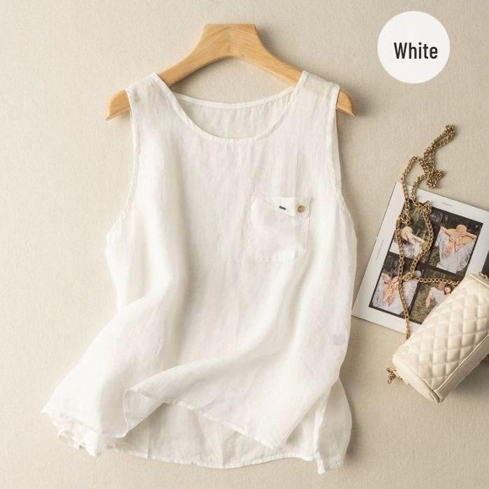 Leinen-Baumwoll Hosenträgerweste: Damen locker Sommer Basis-Oberteil