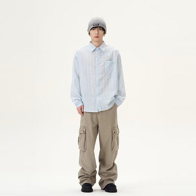 2024 Striped Long Sleeve Shirt Japanese Hong Kong Style Ins Loose Shirt Boys Summer Trendy Versatile Casual Coat