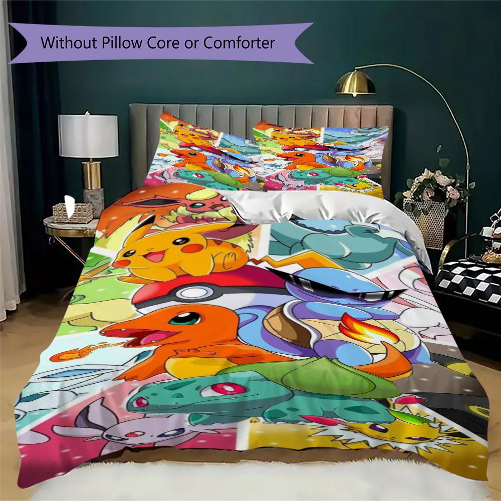 Set di biancheria da letto con stampa Pokémon da 3 pezzi include una copripiumino e una coppia di federe (riempimento non incluso), perfetto per l'uso in camera da letto.