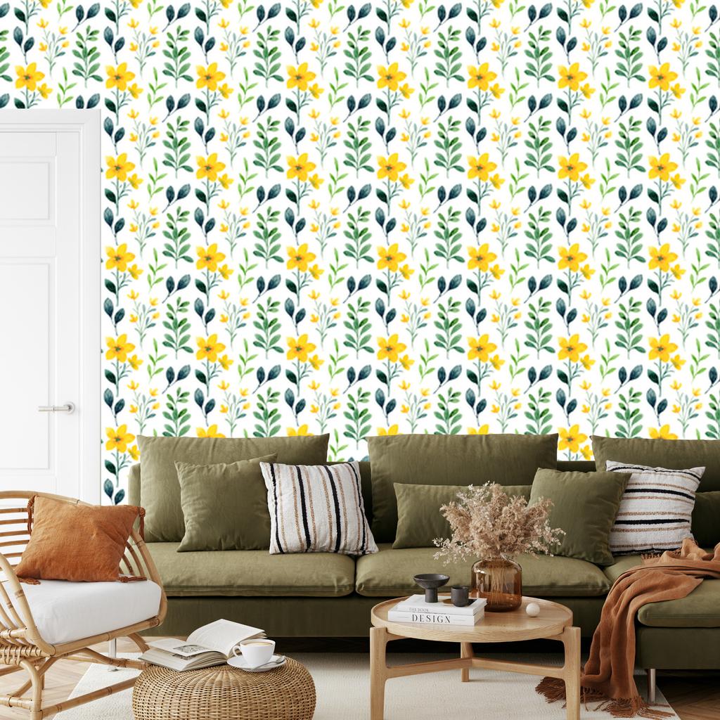 Yellow Flowers Wallpaper White and Light Gray for Living Room and Bedroom 50x1000