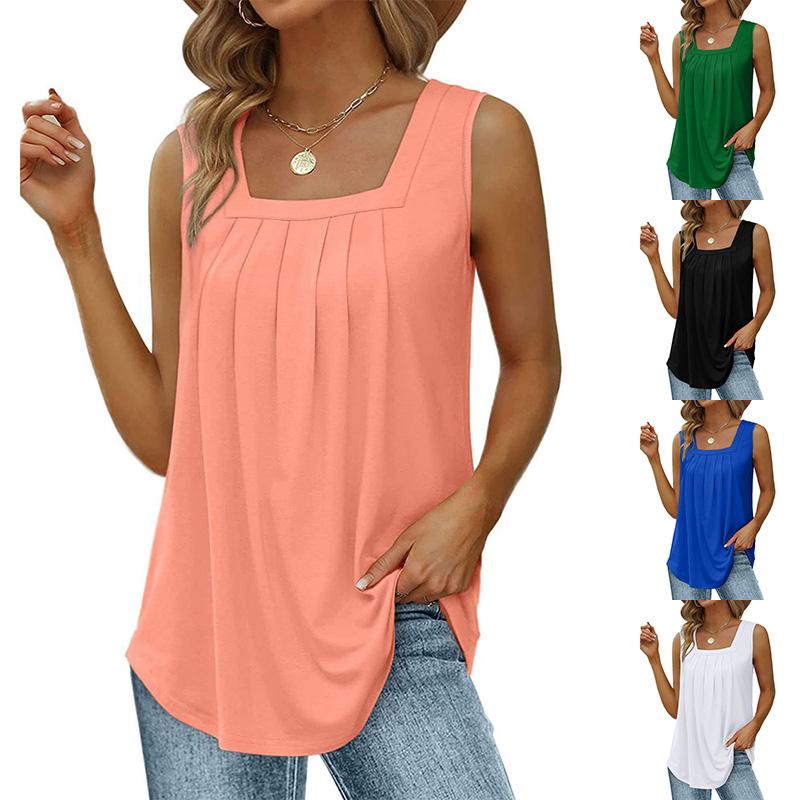 Sommer Damen T-Shirt Weste Plissee Square Neck Ärmellose Tops Mode Kleidung Einfarbig Pullover Casual Shirts Weiblich