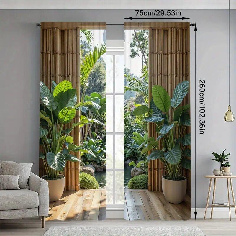 Bamboo leaf and green plant printed curtains are suitable for bedrooms and living rooms, home decoration, and Christmas