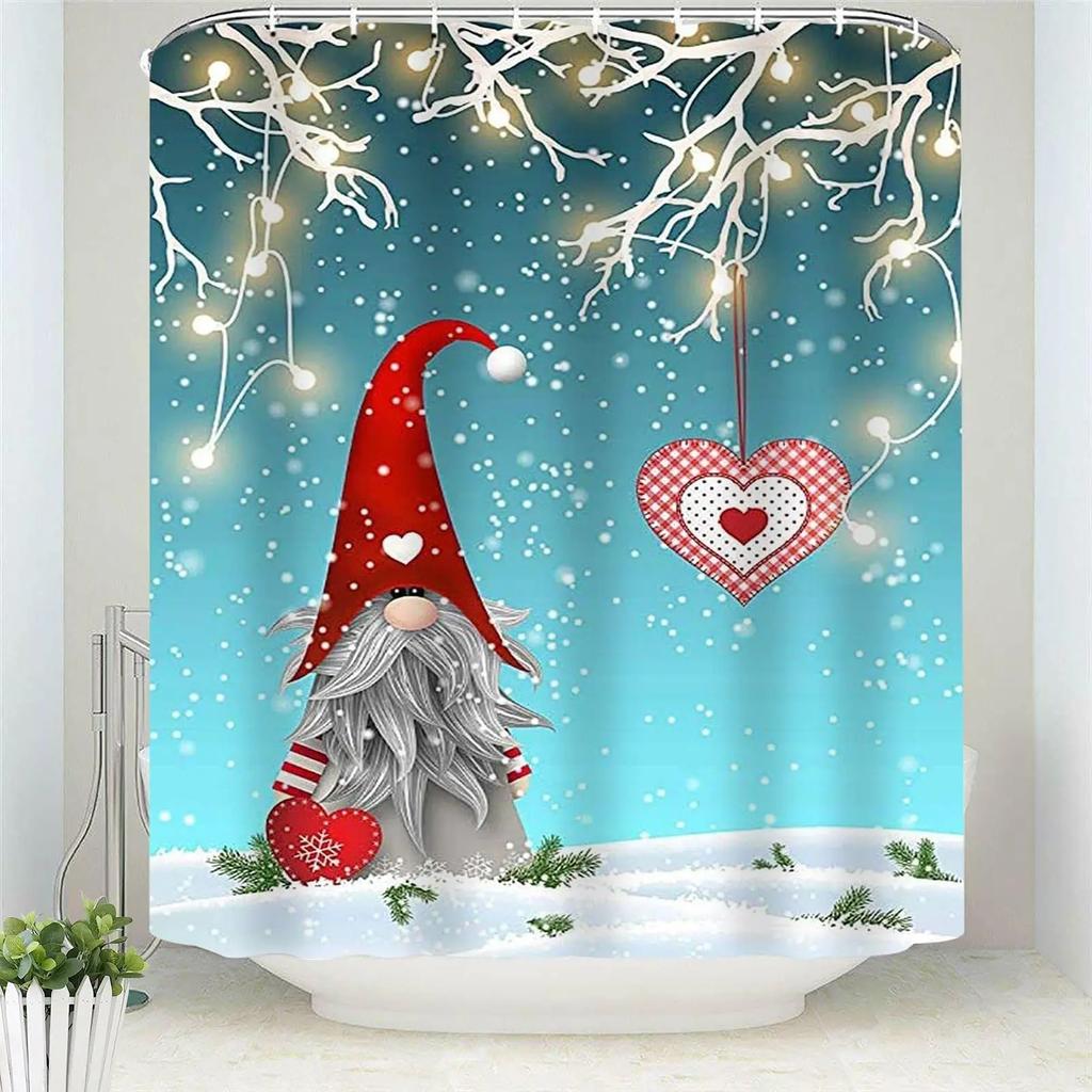 Christmas Gnomes Shower Curtain Set,Cute Winter Xmas Holiday Tree Buffalo Check Plaid Shower Curtains For Bathroom Decor,Hooks