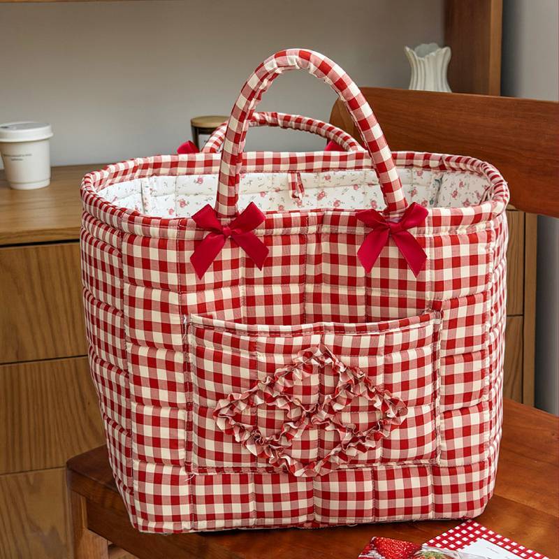 Cotton Storage Basket With Bow Pattern For Home Organization And Kids Room Use