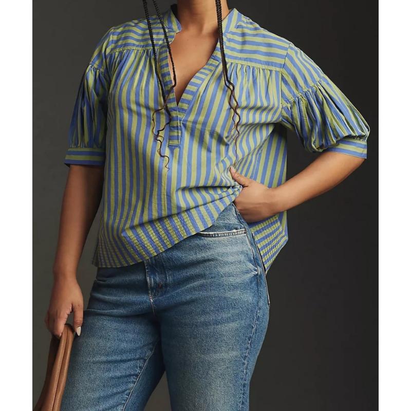 Fashion Loose Striped Lantern Short Sleeve Summer Shirt Women Loose Casual Simple Blouse Office Ladies Elegant Basic Streetwear Women's Clothing