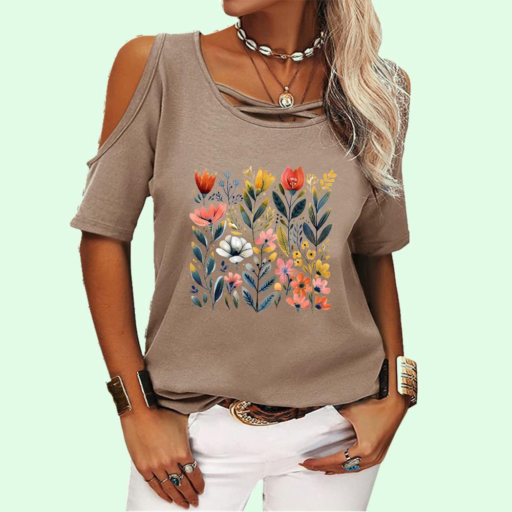 Women Fashion Round Collar Top Summer Off Shoulder Tee Shirt Casual Floral Print Short Sleeve T-shirt