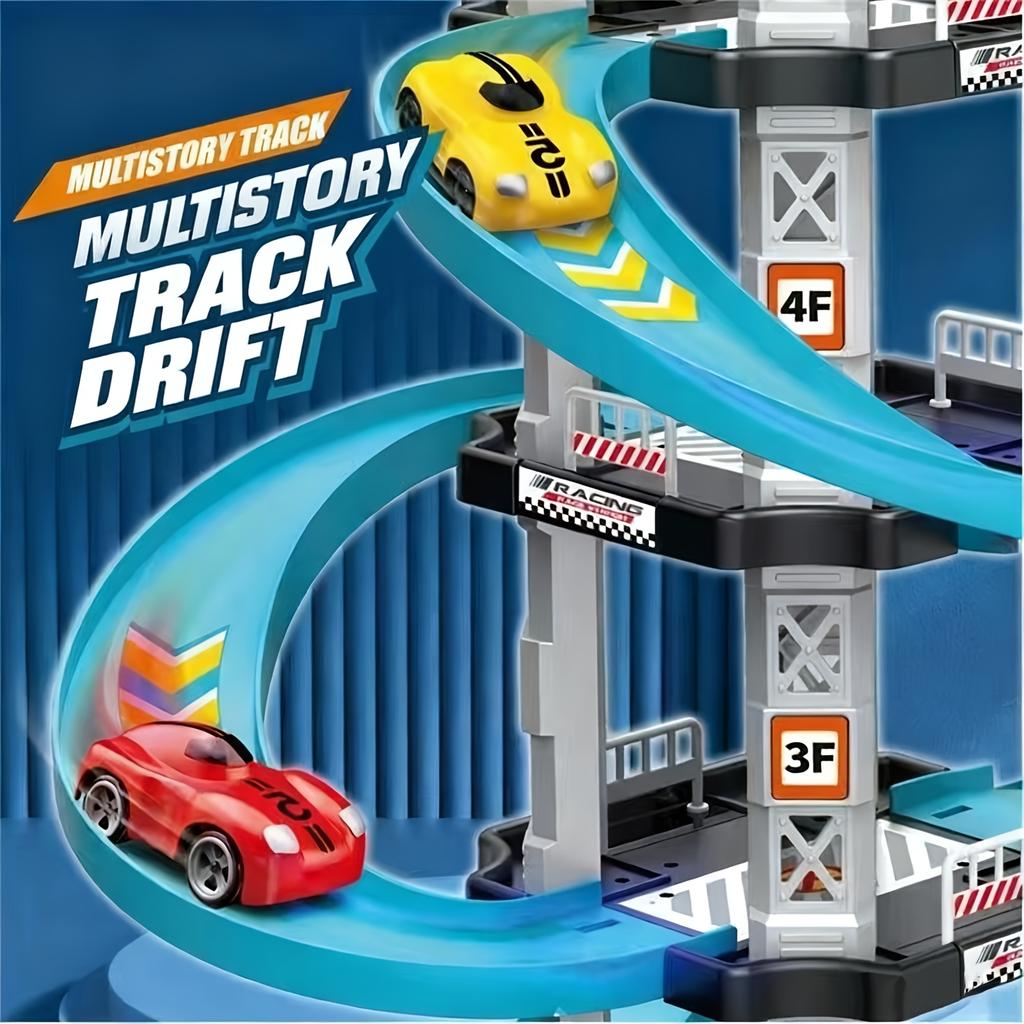 5-Level 3D Parking Garage Track Playset with 2 Cars, 360° Rotating, Drift Tracks, Helipad & Launcher | DIY Assembly Educational Toy