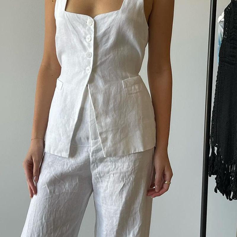 High-end New Style Vest Set All Cotton Square Neck Sleeveless Vest Top Long Pants Two-piece Set Women's Clothing