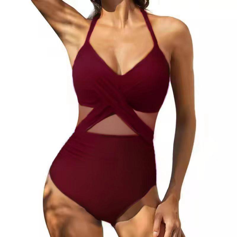 

One-piece Swimsuit Cross-piece Sexy Backless Mesh Splicing Bikini Women M вино красного