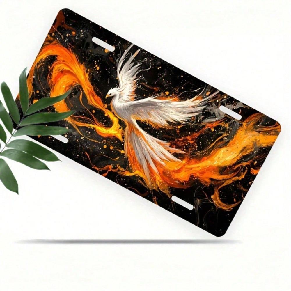 2D Flat Flame Phoenix License Plate Frame, Waterproof Aluminum Front Car Tag Cover, 5.9x11.8in Mythical Decorative E
