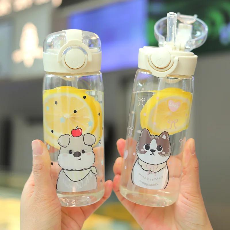 400ml Auslaufsichere Wasserflasche Niedlicher Hunde-Katzen-Druck Wasserflasche Strohbecher Kinder Studenten Wasserflasche Tragbar für Sport & Fitness